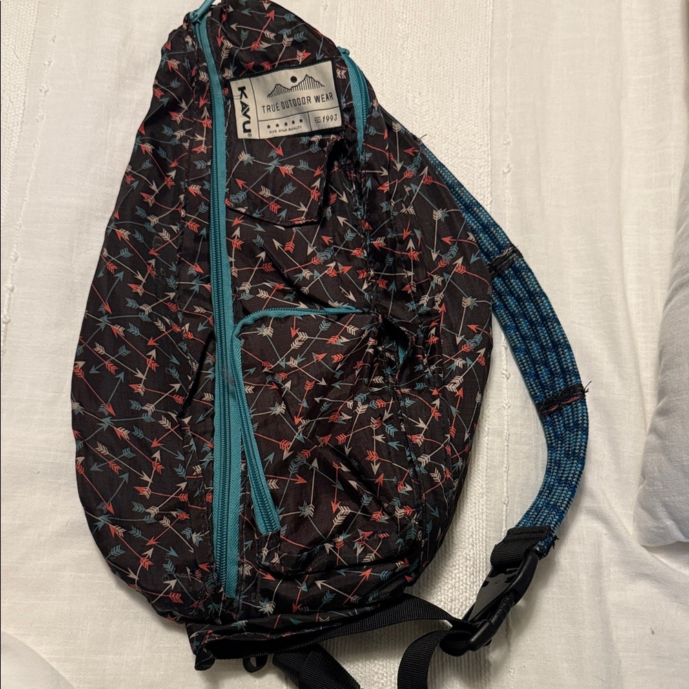 KAVU Patterned Sling Bag with Teal and Red Accents